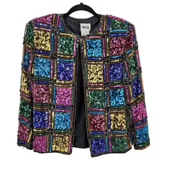 Vtg 80's Leslie Fay Formal Silk Rainbow Geometric Stained Glass Sequin Blazer Sz - Picture 1 of 10
